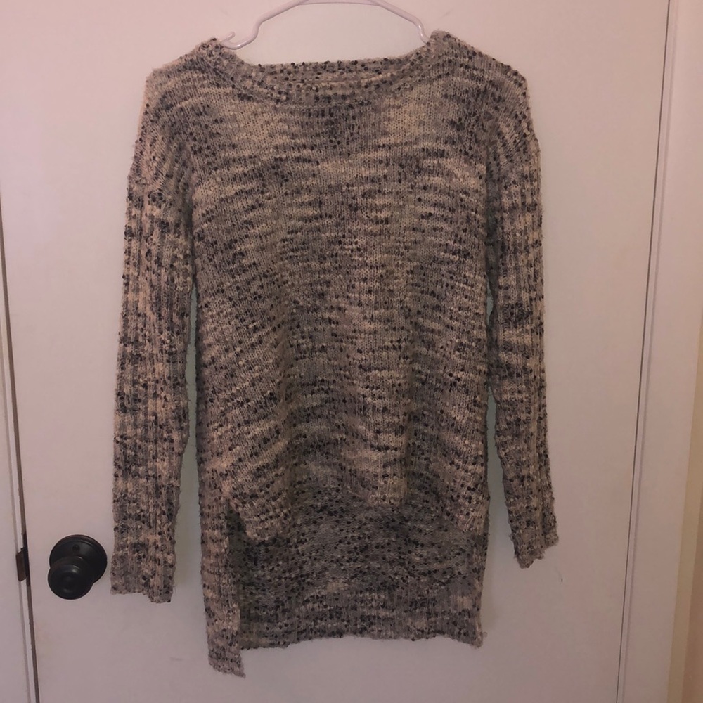 Gray and white marbled sweater with criss cross back detail